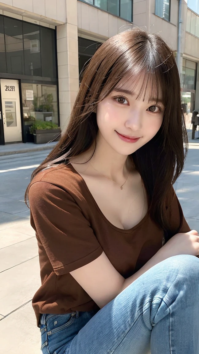 (Ultra-realistic), (An illustration), (high resolution), (8K), (very detailled), (最高のAn illustration),(CRU photo, best qualityer), (真实感, photorrealistic:1.4), Masterpiece artwork, Very delicate and beautiful, extremely detaild, 2k wallpaper, incredible, fine-details, very detailledなCGユニティ8kの壁紙, super verbose, high resolution, beautiful detailed girl, very detailledな目と顔, Beautiful detailed nose, beautiful detailed eyes,cinematic lighting,Perfect Anatomia,Perfect promotion,(a shy smile, beautiful face), ((perfect legs, perfect legs, perfect hands, perfect hands指, perfect arms, a shy smile, The mouth is perfect)), looking directly at the camera, Ear fringes and fringes、necklase、 (((beautiful japanese girl))) ((((((Uma beautiful japanese girl de 27 anos))))))、(((Huge G breasts))), (((attractive big breasts!!!!!!!))), (((huge boobies))), (((Full body writing))), (((pose sitting in a square))), ((photo only)), ((Bblack hair)), (((slenderbody))), ((((beautiful smiling)))), ((((wearing jeans and a brown t-shirt.))), ((((wearing jeans and a brown t-shirt)))).