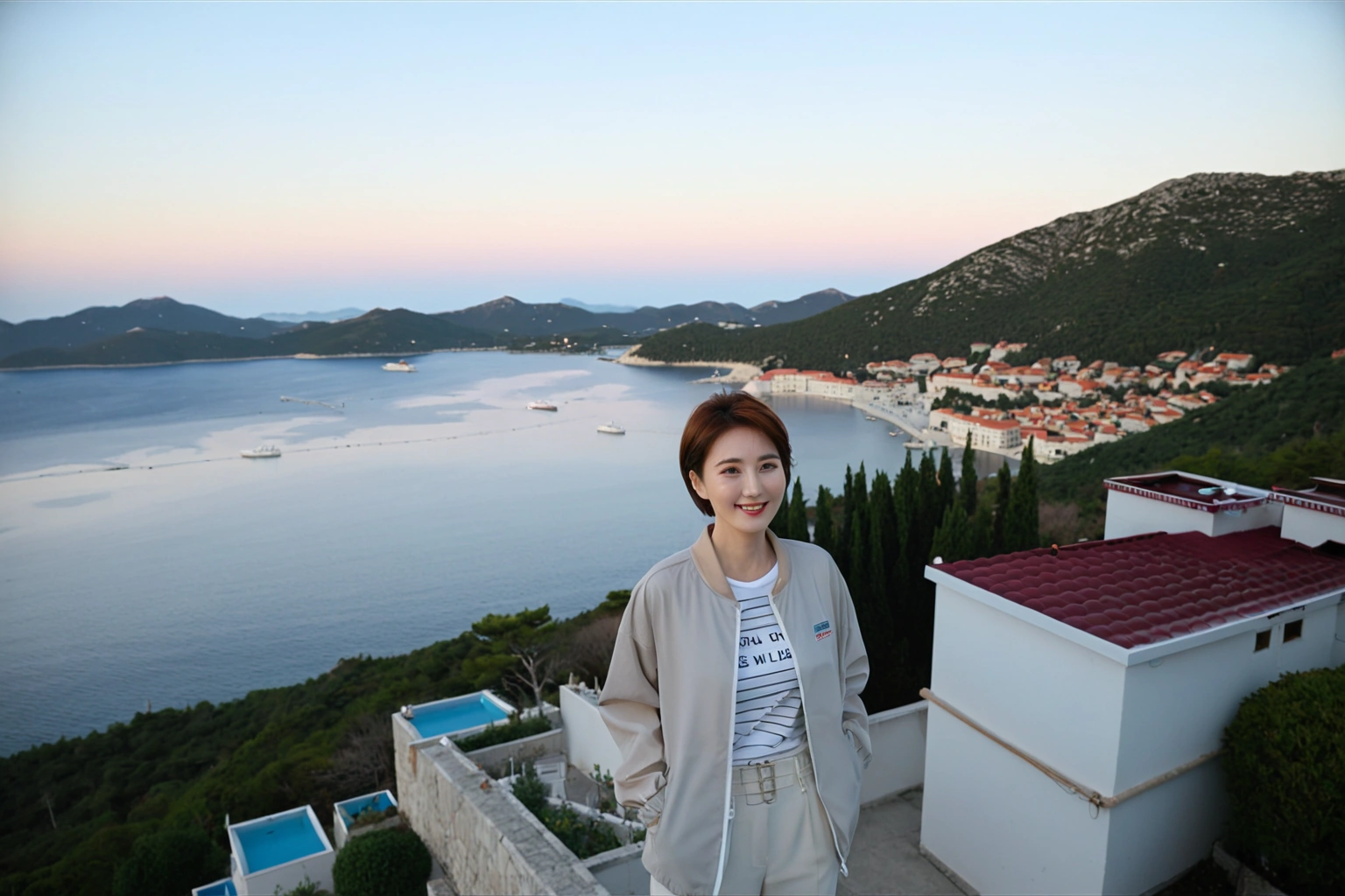 8k best picture quality, Beautiful 36-year-old Korean woman, You have good skin and big and pretty eyes.... Chest size 34 inches, Short hair and hair blowing in the wind, Wear a high-end, luxury windbreaker over your t-shirt.. beige casual pants, i am smiling. The Croatia background is realistic and vivid quality.. Standing in a hotel overlooking the sea. The face is clear and clear., Short and slim Korean woman