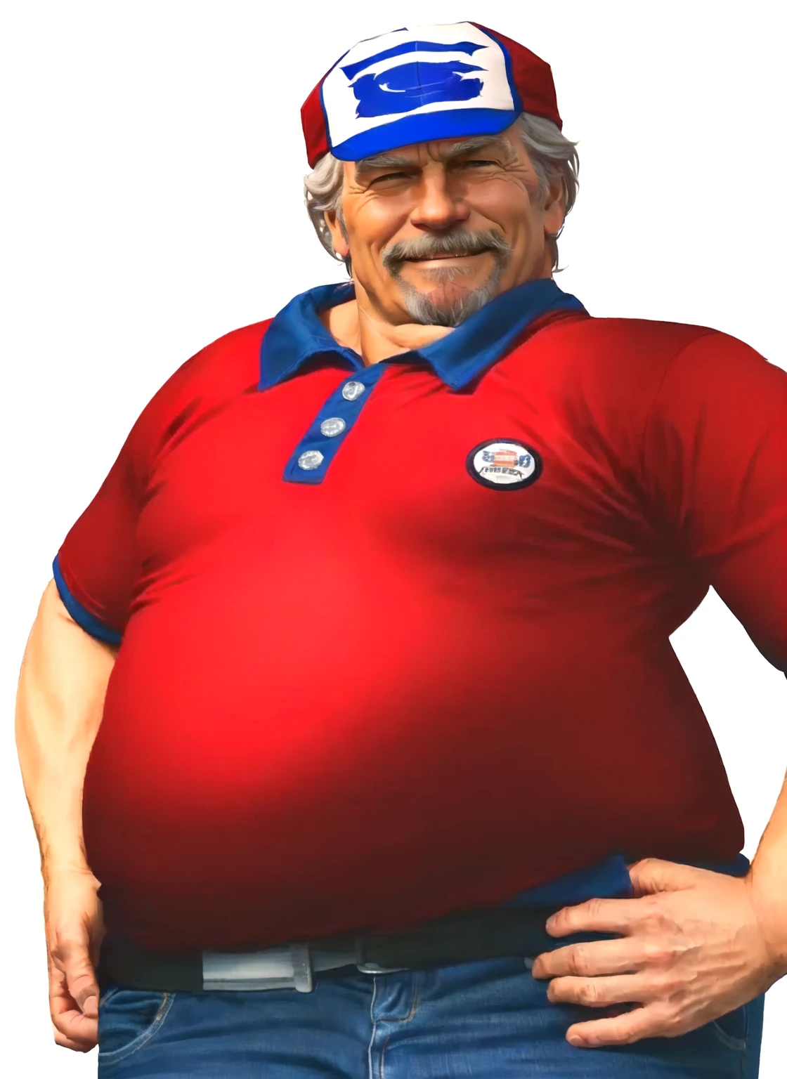 a close up of a man in his 60s wearing a red shirt and blue jeans, as a character in tekken, beefy, realistic textures, jeff bridges with a goatee, best friend smiling at you with encouragement, Out Run 2 flagman, 2 k, 2k, muscular bernie sanders, buff man, character from king of fighters, robust stocky body, hide the pain harold, name of character is flagman, wise face, his cap has a SEGA logo on it, (short GREY hair)