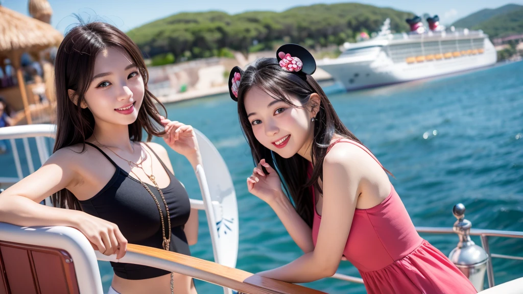 Play with Disney friends、Cruise to the sea、Mickey、Minnie、Fun atmosphere、A cute smiling 20-year-old girl