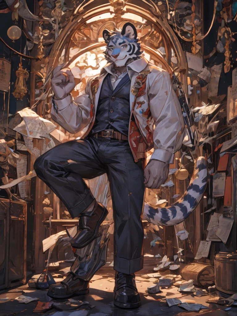 {{bara extremely handsome white tiger,}} {{white fur,}} white, wearing elegant ornate suit jacket, trousers, white dress shirt and necktie, white fluffy furry body and limbs, loafers, very tall, very broad shoulders, narrow waist, muscular arms, massive pecs, purple eyes, very long legs, massive bulge, sophisticated hot look, 3/4 view, best quality, high detail, CG image, silver earring on left ear, sultry smirk