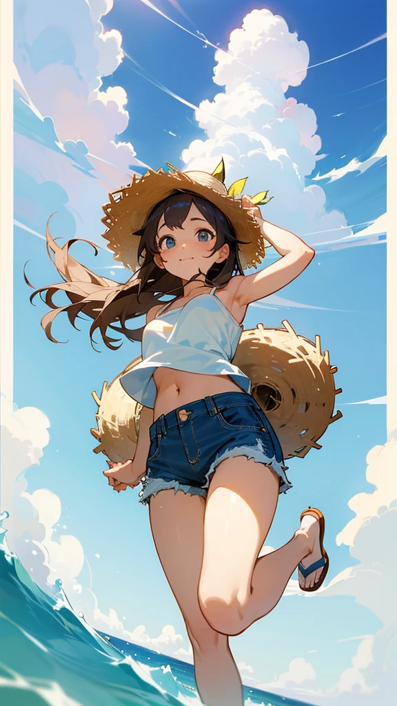 Wide coast、cumulonimbus、Denim shorts、Fluffy white shirt、Tube top、belly button、Cute Jump、Angle from below、Big straw hat