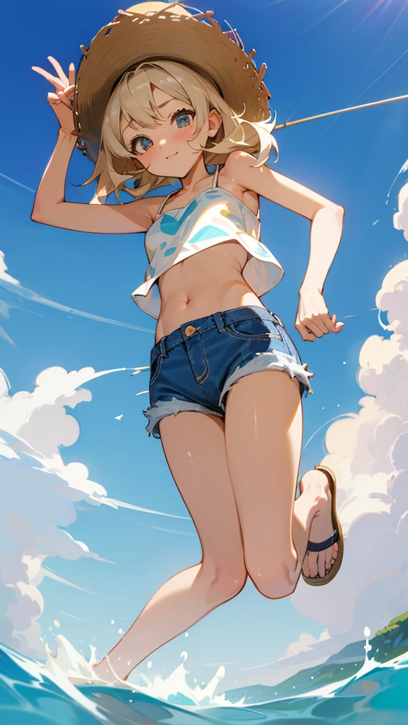 Wide coast、cumulonimbus、Denim shorts、Fluffy white shirt、Tube top、belly button、Cute Jump、Angle from below、Big straw hat