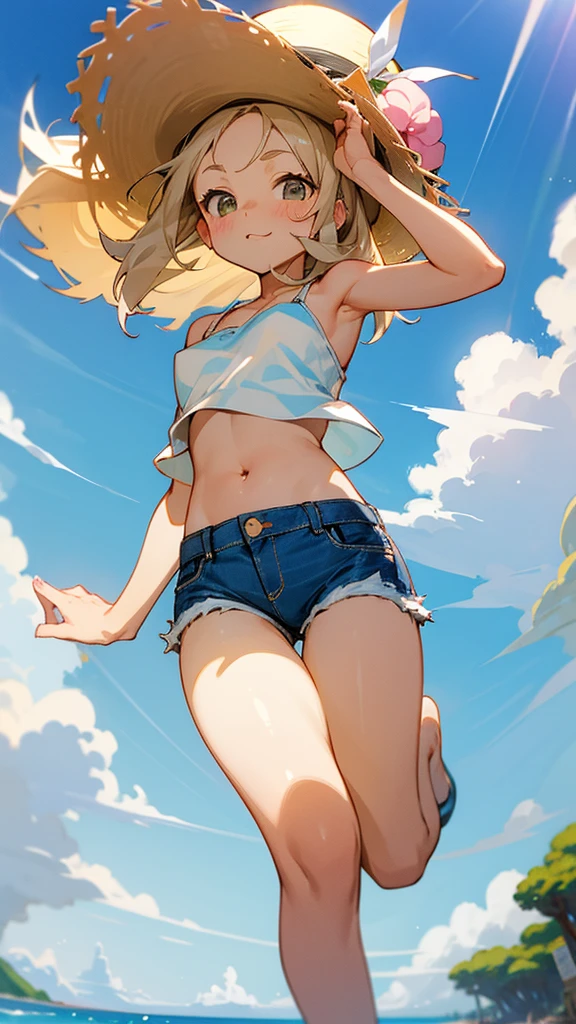 Wide coast、cumulonimbus、Denim shorts、Fluffy white shirt、Tube top、belly button、Cute Jump、Angle from below、Big straw hat