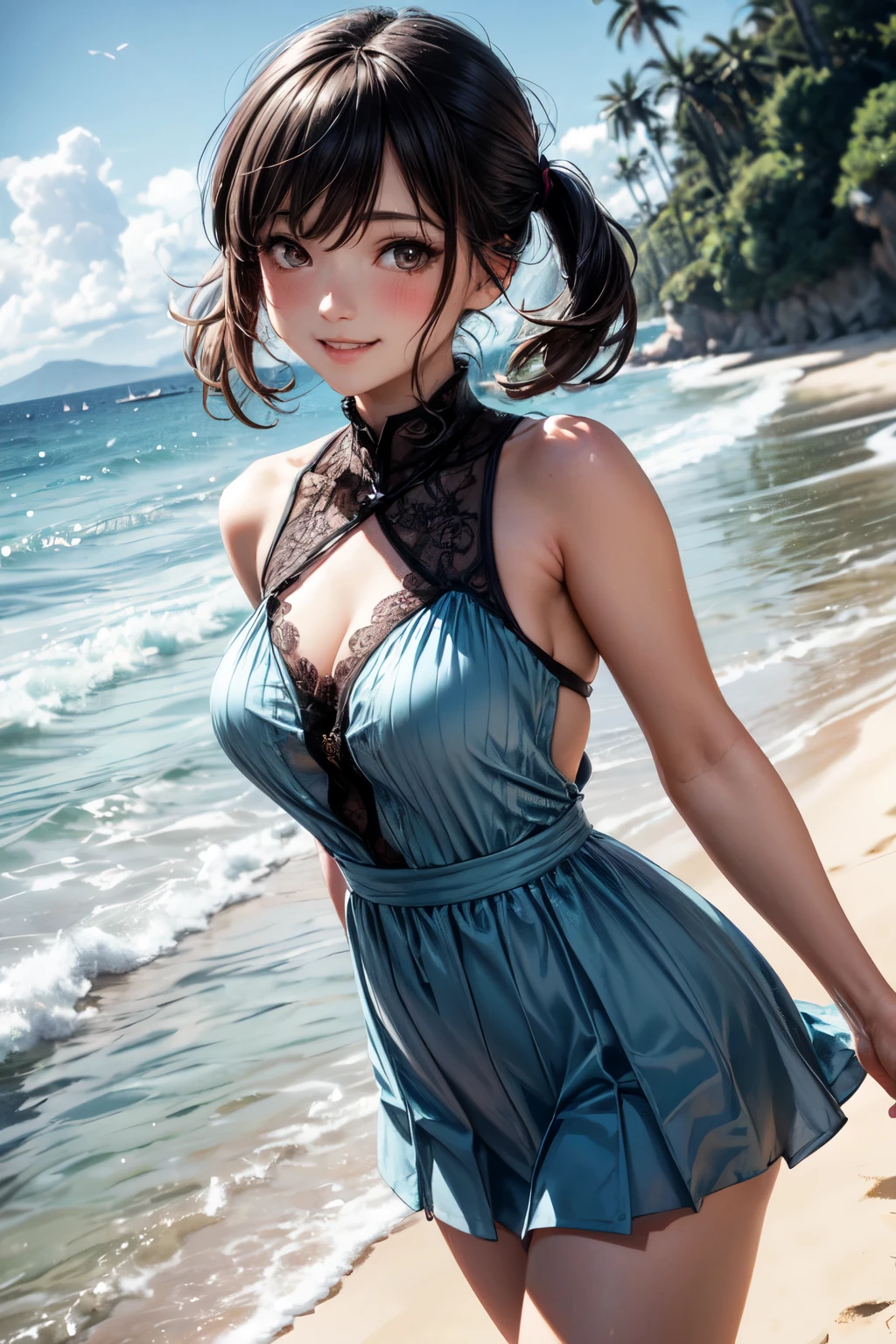 very cute and beautiful girl,(highly detailed beautiful face),(smile:1.2),blush,black hair,low twintails,looking at viewer, light blue transparent dress,short skirt,exposing thighs,sandy beach, (best quality,masterpiece),absurdres,highres,ultra-detailed,extremely detailed,32k,8k resolution, intricate details,cinematic scene,detailed background,solo,dynamic angle,perfect hands,