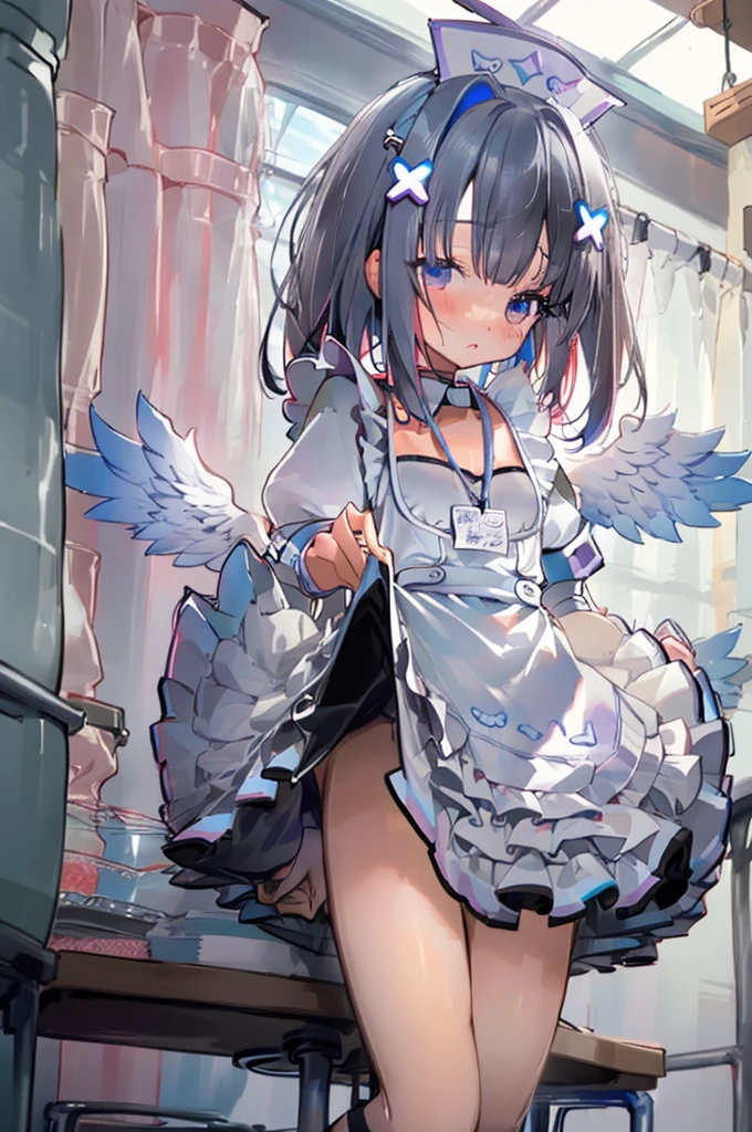  face、I can see the side、Black and white maid outfit、（Lower body naked）、indoor、Empty container、Skirt lifted、（Show off your pussy）、（R18）