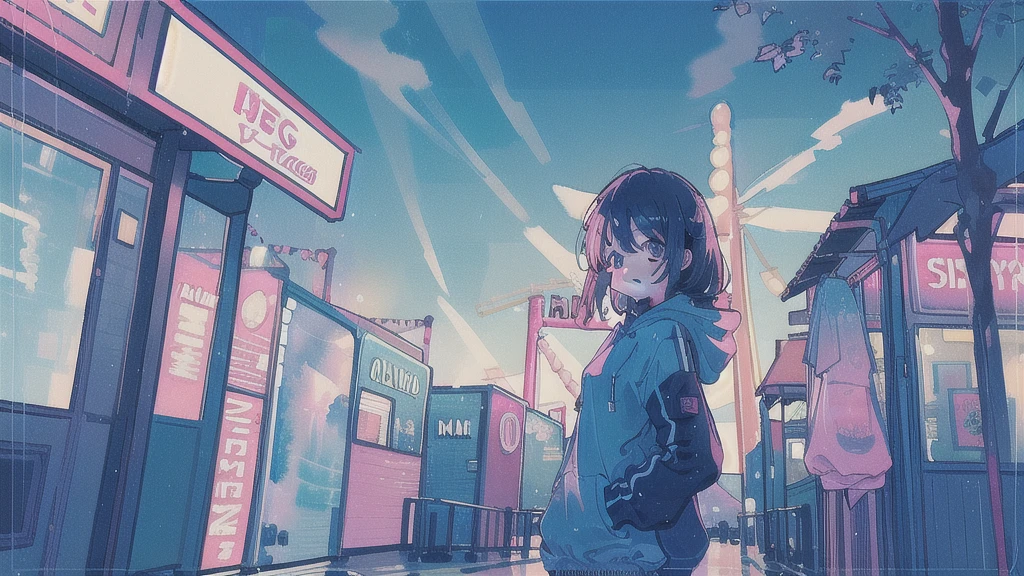 (watercolor), (low contrast), (face, 1 girl, hoodie, look at viewer, cowboy shot), amusement park,smile,looks fun,Fashionable clothes,