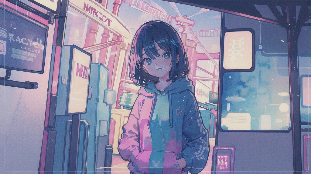 (watercolor), (low contrast), (face, 1 girl, hoodie, look at viewer, cowboy shot), amusement park,smile,looks fun,Fashionable clothes,