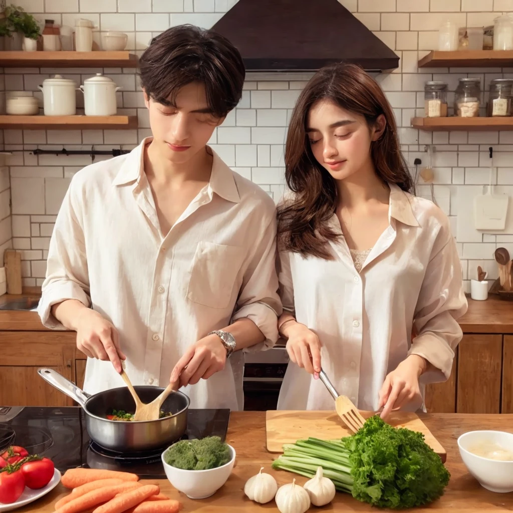 A young couple is cooking together in the kitchen wearing the same romantic clothes. kitchen background very detailed 8k
