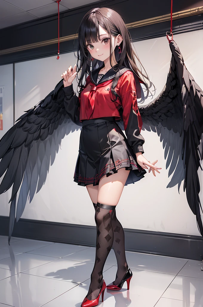 ((Biologically correct limb count)),(( From head to toe,Full-body photo including face)),4K,((Standing position)),masterpiece,((Focus on the face)),((Symmetrical facial features)),Eyes with detailed description,Beautiful woman,Great style,Beautiful arms,Beautiful legs,Beautiful Hands,(Small Ass,Thin thighs),Facial detailing,Small earrings,necklace,(Red and black enamel sailor suit,Checked mini skirt((Black high heels,Black patterned stockings))),((Taking a class in a school classroom)),,Realistic photo,Stand at an angle,Low angle photo