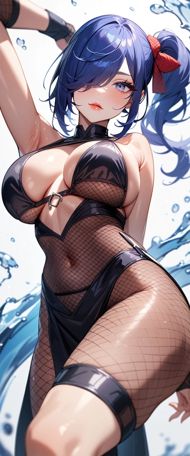 1girl,solo,super detailed skin,shiny skin,expressionless face,lips gloss,eyelashes,blue hair,hair over one eye,half open eye,eyelashes,lips gloss,side ponytail,large breasts,sideboob,fishnet bikini,ninja clothes,arm up,water magically,simple background ,standing,masterpiece,best quality,ultra detailed,high resolution,sharp focus,depth of field