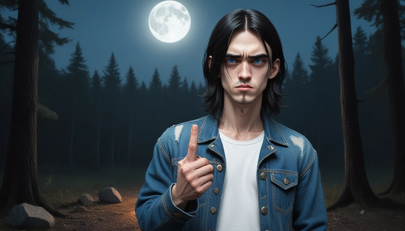 skinny man, grimdark, with glassy eyes, half of your face burned completely, the other half of the normal face without any deformity, long dark hair, middle finger with a large, grotesque nail curved like a sickle, he is showing the finger as a sign of fuck you, wearing a worn blue denim jacket and a white shirt underneath, jeans and black combat boots, scary environment in the middle of the forest in front of a cabin that is illuminated by the light of the full moon.