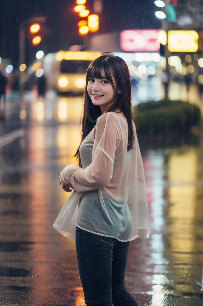 22year old beautiful girl、Highest image quality、realistic、16K、beautiful woman、long hair、With bangs、Pretty slim、heavy rain、While walking through the city in the rain、wet from heavy rain、Full body figure、thin waist、Back view、turn around、Smile a little