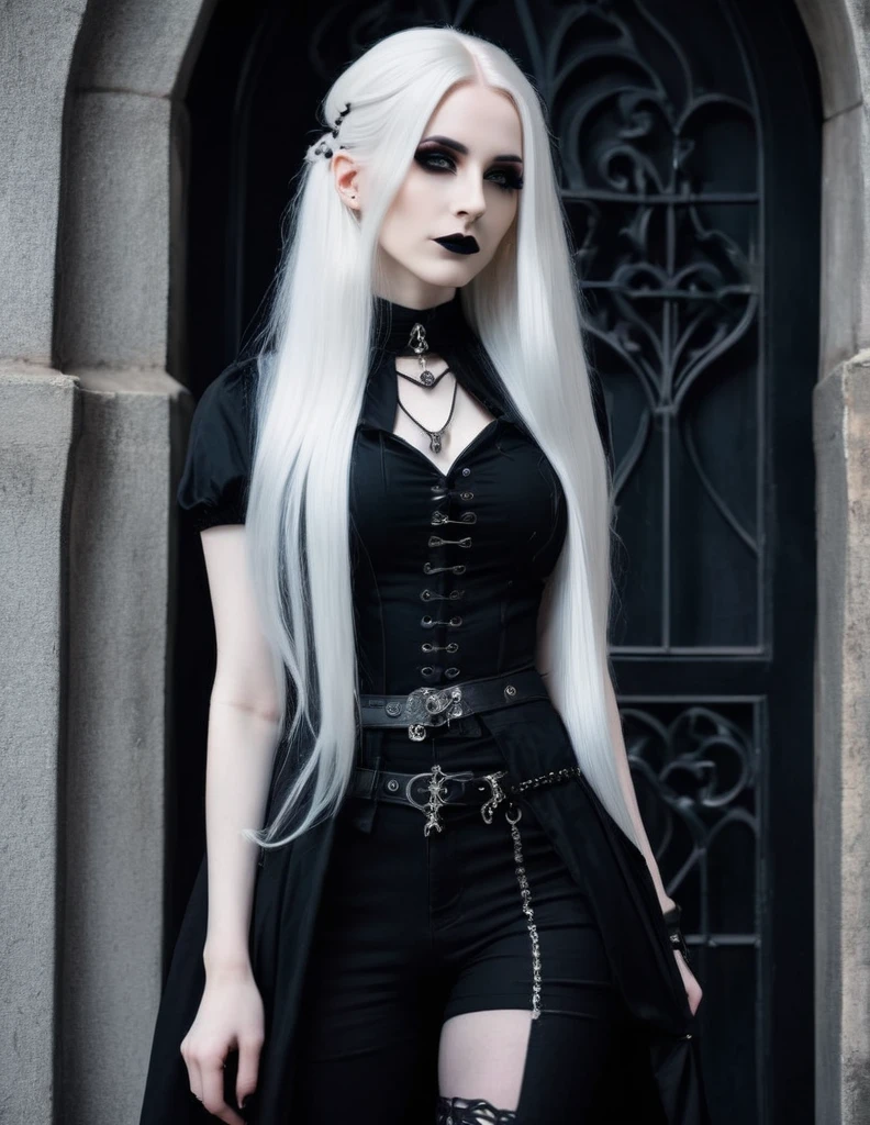arafed woman with very long white hair and black top posing for a picture, very beautiful goth top model, pale goth beauty, 25 - year - old goth girl, wearing modern gothic clothes, goth girl aesthetic, goth girl, goth aesthetic, gothic aesthetic, gothic clothes, darkwave goth aesthetic, gothic clothing, gothic fashion, wearing gothic accessories, goth style