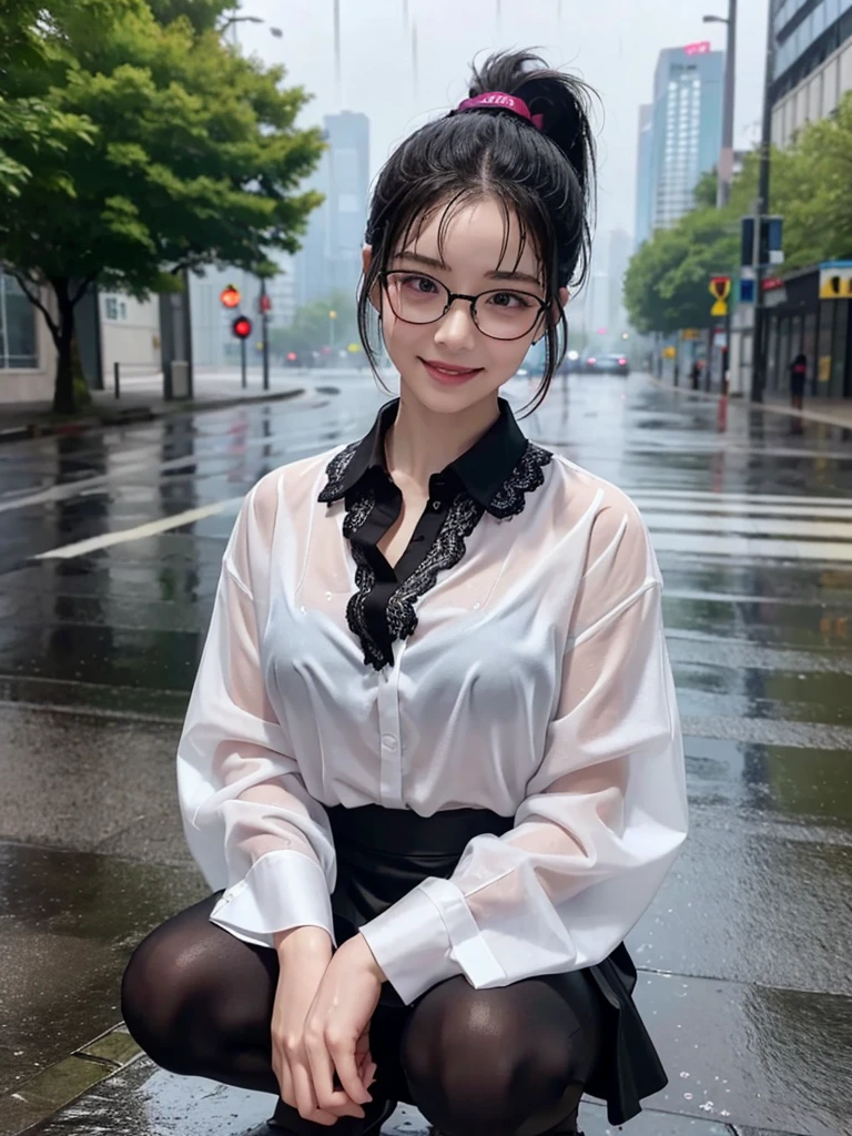 ((best quality, 8K, masterpiece: 1.3)),upper body,Thick black-rimmed glasses,Black Hair, black eye,sharp focus: 1.2, beautiful woman: 1.4, ((ponytail: 1.2)),(magenta skirt、White blouse with lace), (wet from rain: 1.3), (rain, street: 1.2), wet body: 1.2, squatting,Highly detailed face and skin texture, detailed eyes, double eyelids, White skin,E cup,smile,Financial district of the big city,Skyscraper,White skin,Wet Hair、Wet Skin、Wet clothes、smile、 from front