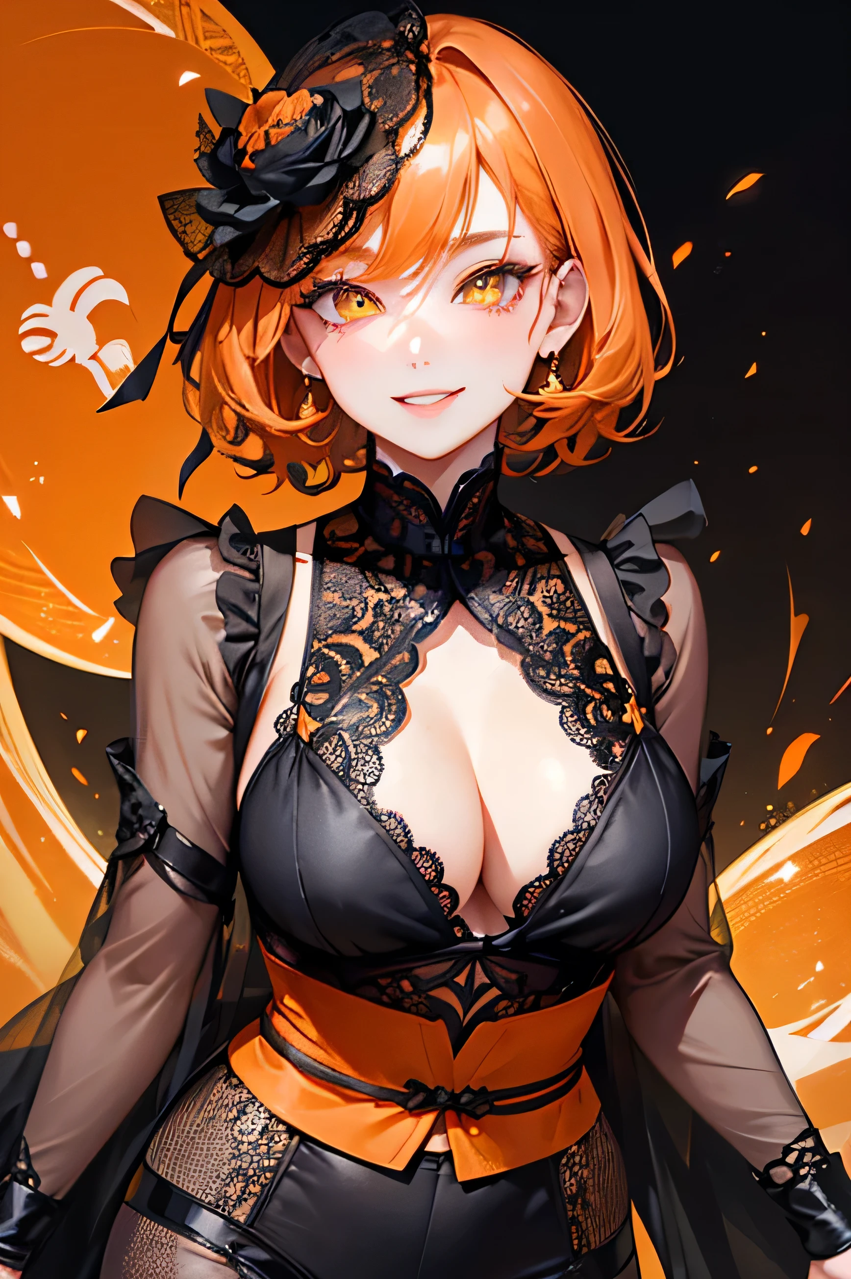 A Nice adult woman wearing a black lace outfit、1 person、((Orange short hair))、(Yellow Eyes)、Bold Pose、Face close-up、(Festival Background)、strong、Wicked Smile、Nice、Tamaki Shiina