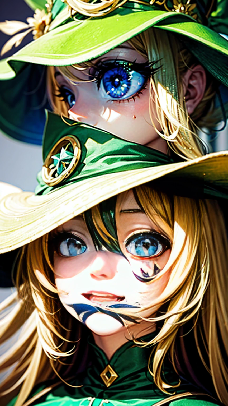 Anime girl in green witch hat and green witch outfit, Blonde, extremely detailed art gelm, Gwaiz, art gelm and atey ghailan, marisa kirisame, art gelm. High detail, Cunning Smile, Close-up portrait of a magician, art gelm detailed, stanley art gelm lau