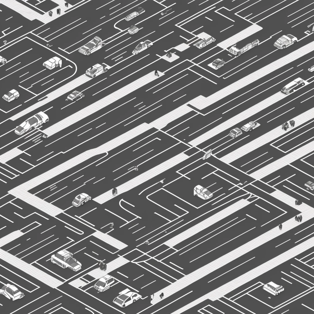 black and white line art of a sprawling urban city block with roads and wide sidewalk, short to medium height buildings, minimal detail, cartoon style, isometric, birdseye view