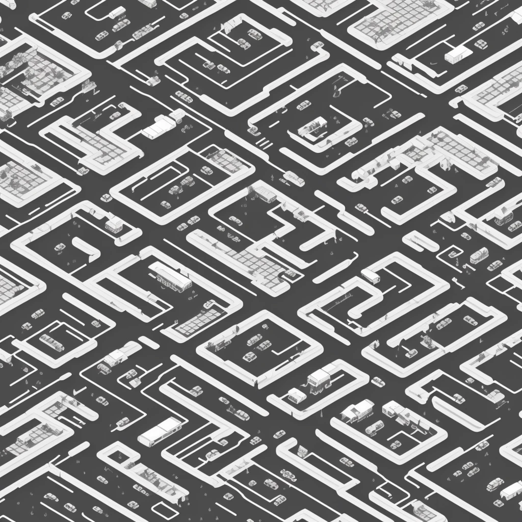 black and white line art of a sprawling urban city block with roads and wide sidewalk, short to medium height buildings, minimal detail, cartoon style, isometric, birdseye view