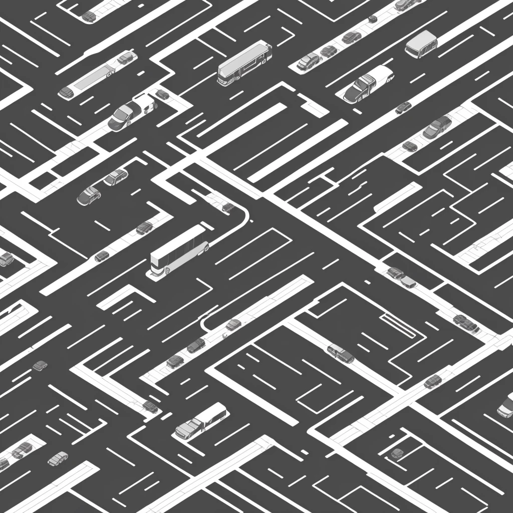 black and white line art of a sprawling urban city block with roads and wide sidewalk, short to medium height buildings, minimal detail, cartoon style, isometric, birdseye view