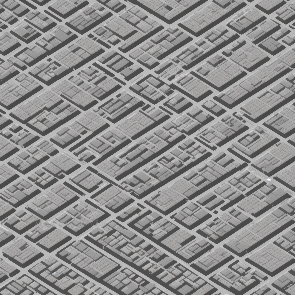black and white line art of a sprawling urban city block with roads and wide sidewalk, short to medium height buildings, minimal detail, cartoon style, isometric, birdseye view