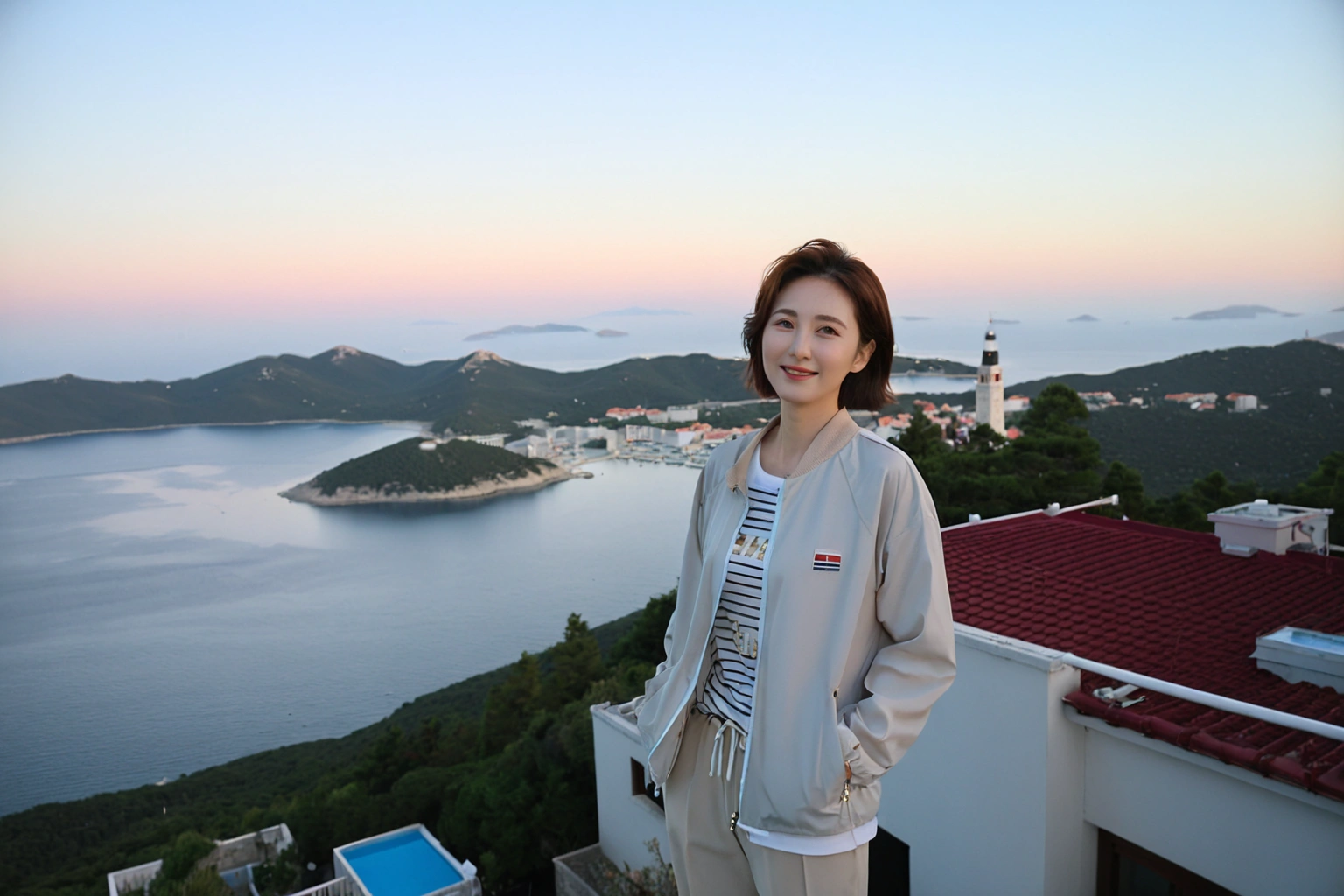 8k best picture quality, Beautiful 36-year-old Korean woman, You have good skin and big and pretty eyes.... Chest size 34 inches, Short hair and hair blowing in the wind, Wear a high-end, luxury windbreaker over your t-shirt.. beige casual pants, i am smiling. The Croatia background is realistic and vivid quality.. Standing in a hotel overlooking the sea. The face is clear and clear., Short and slim Korean woman