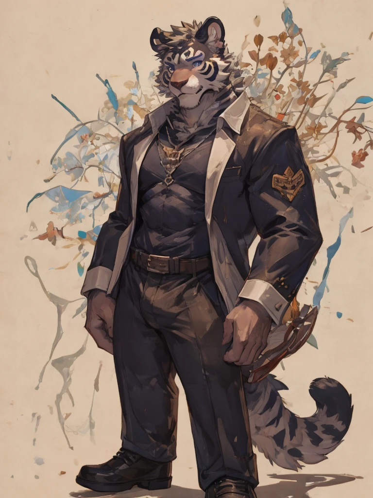 {{bara extremely handsome white tiger,}} {{white fur,}} white, wearing elegant ornate suit jacket, trousers, white dress shirt and necktie, white fluffy furry body and limbs, loafers, very tall, very broad shoulders, narrow waist, muscular arms, massive pecs, purple eyes, very long legs, massive bulge, sophisticated hot look, 3/4 view, best quality, high detail, CG image, silver earring on left ear, sultry smirk
