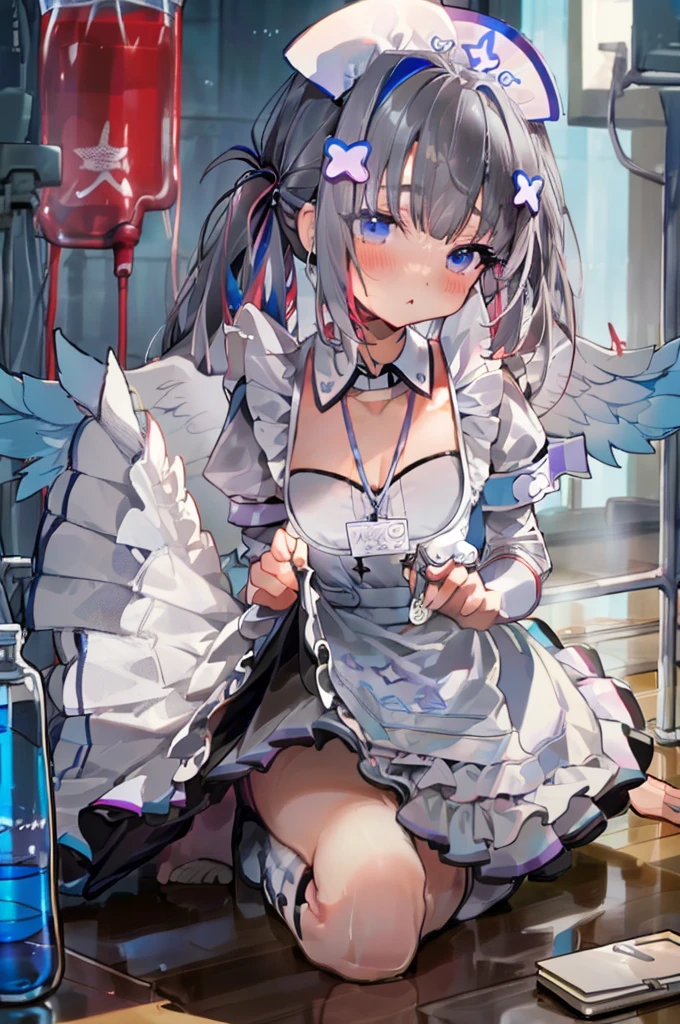 face、I can see the side、Black and white maid outfit、(Lower body naked)、indoor、An empty container)、Skirt lifted、(I can see the pussy)、(R18)