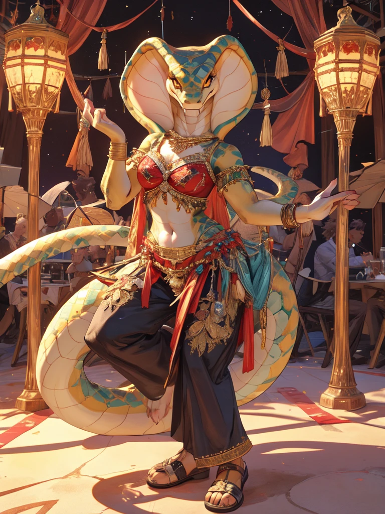 ((Best quality)), ((masterpiece)), (detailed), perfect face , fluffy , snake , cobra snake , Clothes for dancers , arab dancer , white-sand-yellow scales , close person , fangs , yellow repril eyes , Female