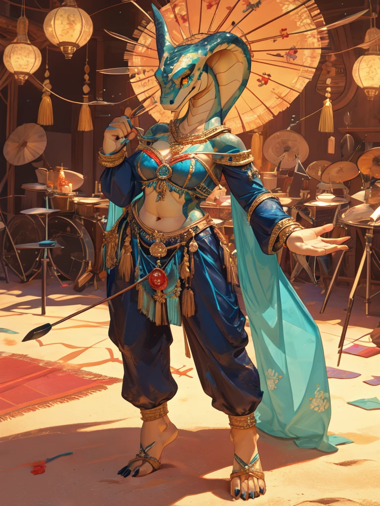 ((Best quality)), ((masterpiece)), (detailed), perfect face , fluffy , snake , cobra snake , Clothes for dancers , arab dancer , white-sand-yellow scales , close person , fangs , yellow repril eyes , Female
