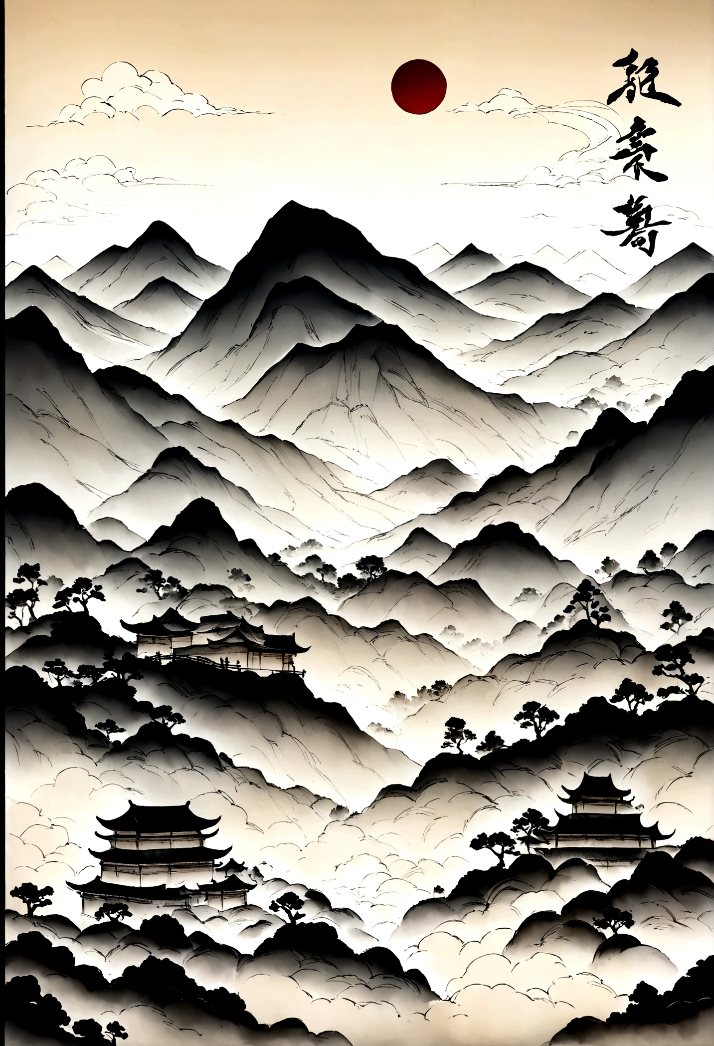 Best quality, Ultra-fine details, high resolution, Masterpiece:1.2, Immerse yourself in the beautiful landscape, Impeccable brushstrokes, Impressive ink, Adopt a wide-angle viewing angle, Breath-taking mountain views, Deep and majestic atmosphere, Beautifully depicted ships sailing through the mountains, Describe the vessel and its surroundings in detail, Traditional Chinese art, Expressing the tranquility and harmony of nature, Subtle tonal changes, Soft color palette, Gentle and warm atmosphere, Exhibited in a famous exhibition - Chinese ink landscape painting,The composition is stunning,emotive depth,Capture the tranquility of the mountains. Texture strokes and tonal changes are very detailed, Reveal the complexity of the ship and the beauty of the surrounding landscape. Traditional Chinese art styles create a peaceful and harmonious atmosphere,Immerse viewers in natural wonders. This masterpiece is of the highest quality, Features ultra-fine detail and high-resolution images, Make it an impressive and breathtaking work of art,Perfect to capture the essence of Chinese ink landscape painting.