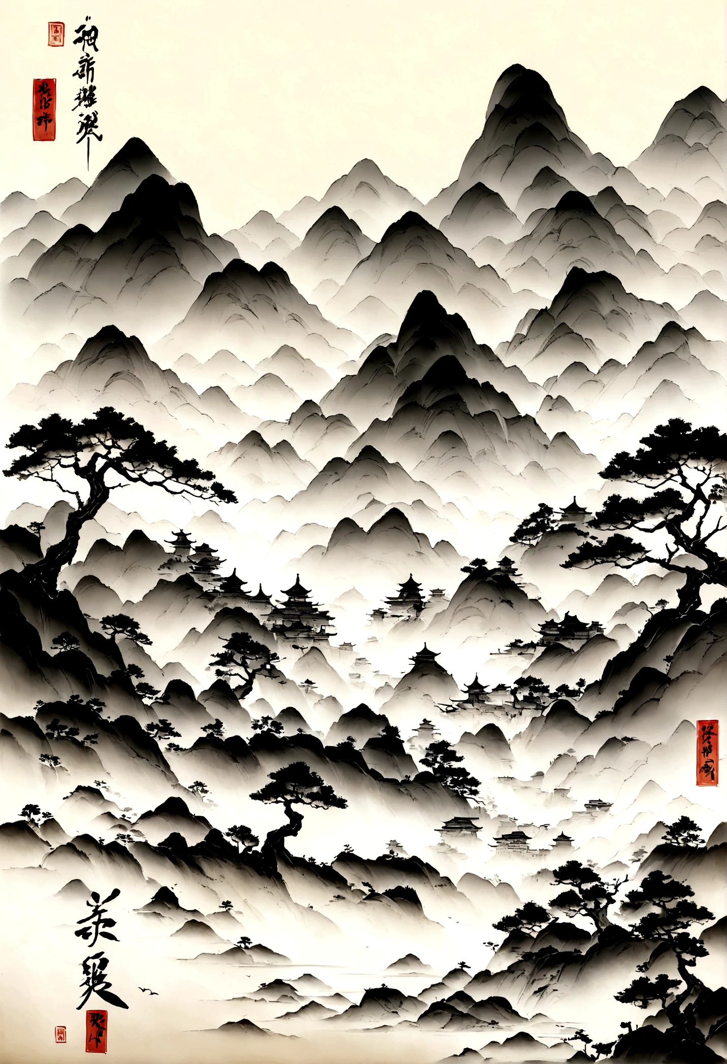Best quality, Ultra-fine details, high resolution, Masterpiece:1.2, Immerse yourself in the beautiful landscape, Impeccable brushstrokes, Impressive ink, Adopt a wide-angle viewing angle, Breath-taking mountain views, Deep and majestic atmosphere, Beautifully depicted ships sailing through the mountains, Describe the vessel and its surroundings in detail, Traditional Chinese art, Expressing the tranquility and harmony of nature, Subtle tonal changes, Soft color palette, Gentle and warm atmosphere, Exhibited in a famous exhibition - Chinese ink landscape painting,The composition is stunning,emotive depth,Capture the tranquility of the mountains. Texture strokes and tonal changes are very detailed, Reveal the complexity of the ship and the beauty of the surrounding landscape. Traditional Chinese art styles create a peaceful and harmonious atmosphere,Immerse viewers in natural wonders. This masterpiece is of the highest quality, Features ultra-fine detail and high-resolution images, Make it an impressive and breathtaking work of art,Perfect to capture the essence of Chinese ink landscape painting.