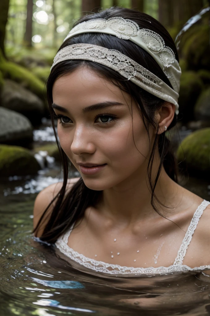Best Quality, Masterpiece, super high resolution, A super model submerged in hot springs in Japan., outdoor hot springs, stone hot springs, surrounded by moss and trees, super beautiful face, pure body, clear pores visible, (SMILE:0.8), using division (lace headband:1.2), (realism:1.5), Photo original, soaked body, covered in sweat, bare shoulders, in the dark, deep shadows, low key, cold light