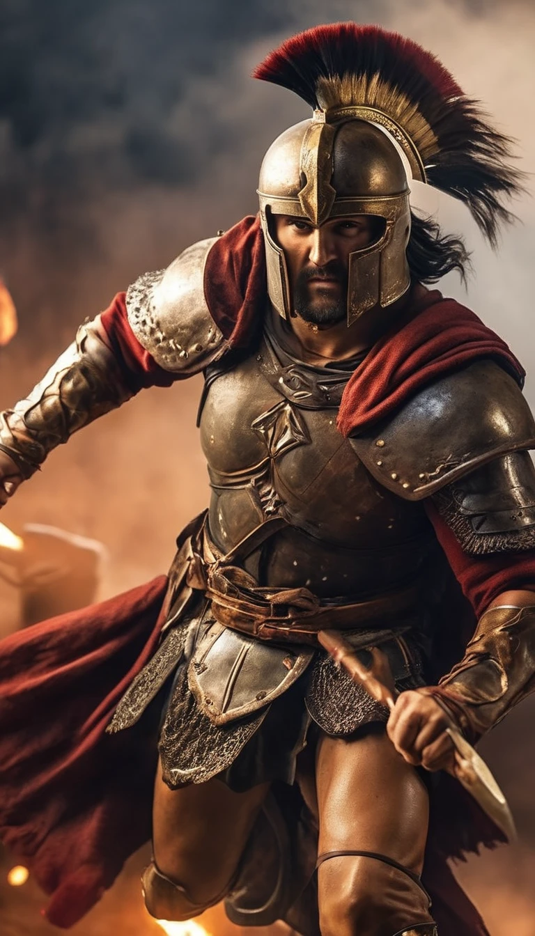 Draw a Spartan warrior in the heat of battle, with arrows flying around him but none hitting, hyper realistic, ultra detailed hyper realistic, photorealistic, Studio Lighting, wearing a gold crown, reflections, dynamic pose, Cinematic, Color Grading, Photography, Shot on 50mm lens, Ultra-Wide Angle, Depth of Field, hyper-detailed, beautifully color, 8k