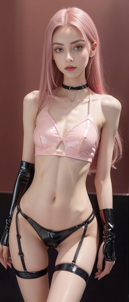 Incredibly beautiful Russian girl, ((Dasha Taran)), (young face:1.5), (18 years old), (((slim girl))), ((extreme anorexic slim body:1.6)), (long pink hair pulled back in a ponytail), ((Pink Hair)), thin, very thin, small hips, skinny hips, nice gap between legs, (tight gap), (long skinny legs:1.7), school girl, narrow cheekbones, narrow face, (((v-shaped face))), holding her hands behind her back, (Black slave choker), (revelaing pink latex long sleved crop top), (tight latex lace crop top), (extreme revealing mini thong panties), ((long black latex gloves)), big lips, evening makeup, (sexy), (small nipples), (small revealing breasts), bare hips, ((Nylon stockings above the knees)), (naked shaved pussy), facing camera, ((2/3 body picture)), (Croped photo), perfecteyes,  extreme detailed photo, High quality Photo, 8k, 