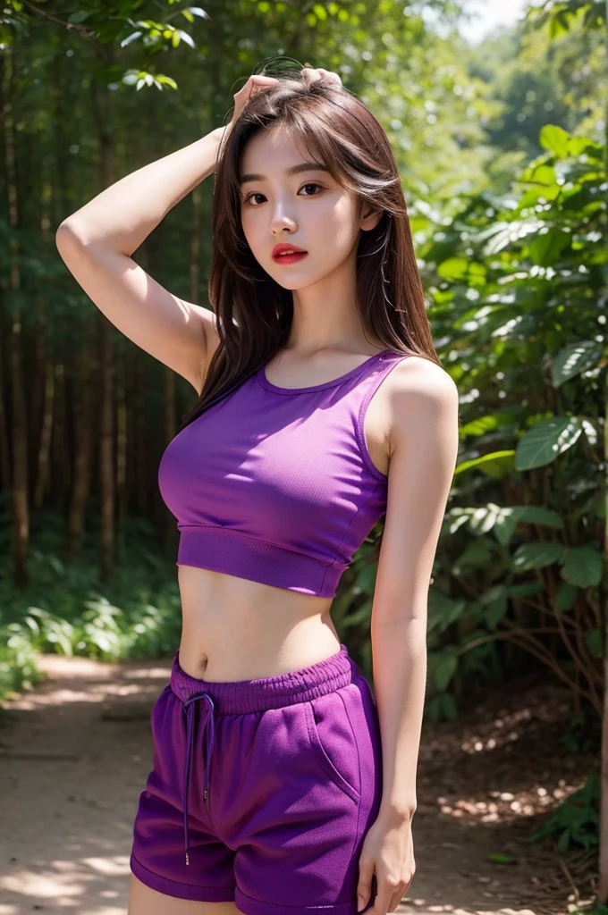 A very cute girl, solo, young, wearing purple tank top and short pants, big breasts, white and smooth skin, standing, long hairs, red lip, at forest, realistic face