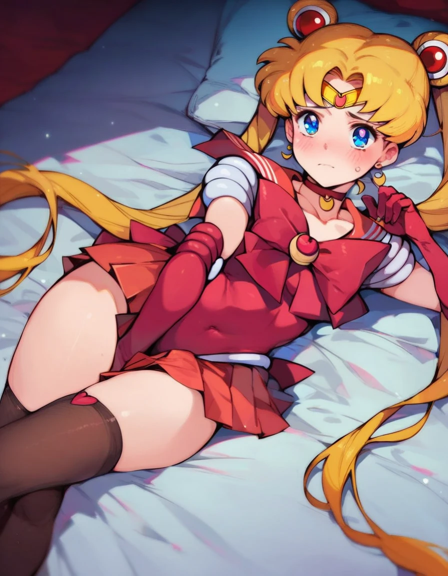 score_9, score_8_up, score_7_up, 

bishoujo_senshi_sailor_moon,super_sailor_moon,tsukino_usagi,pleated_skirt,red_choker,thighhighs

on bed, thighs, hand between thighs, blush, look at viewer, lying
