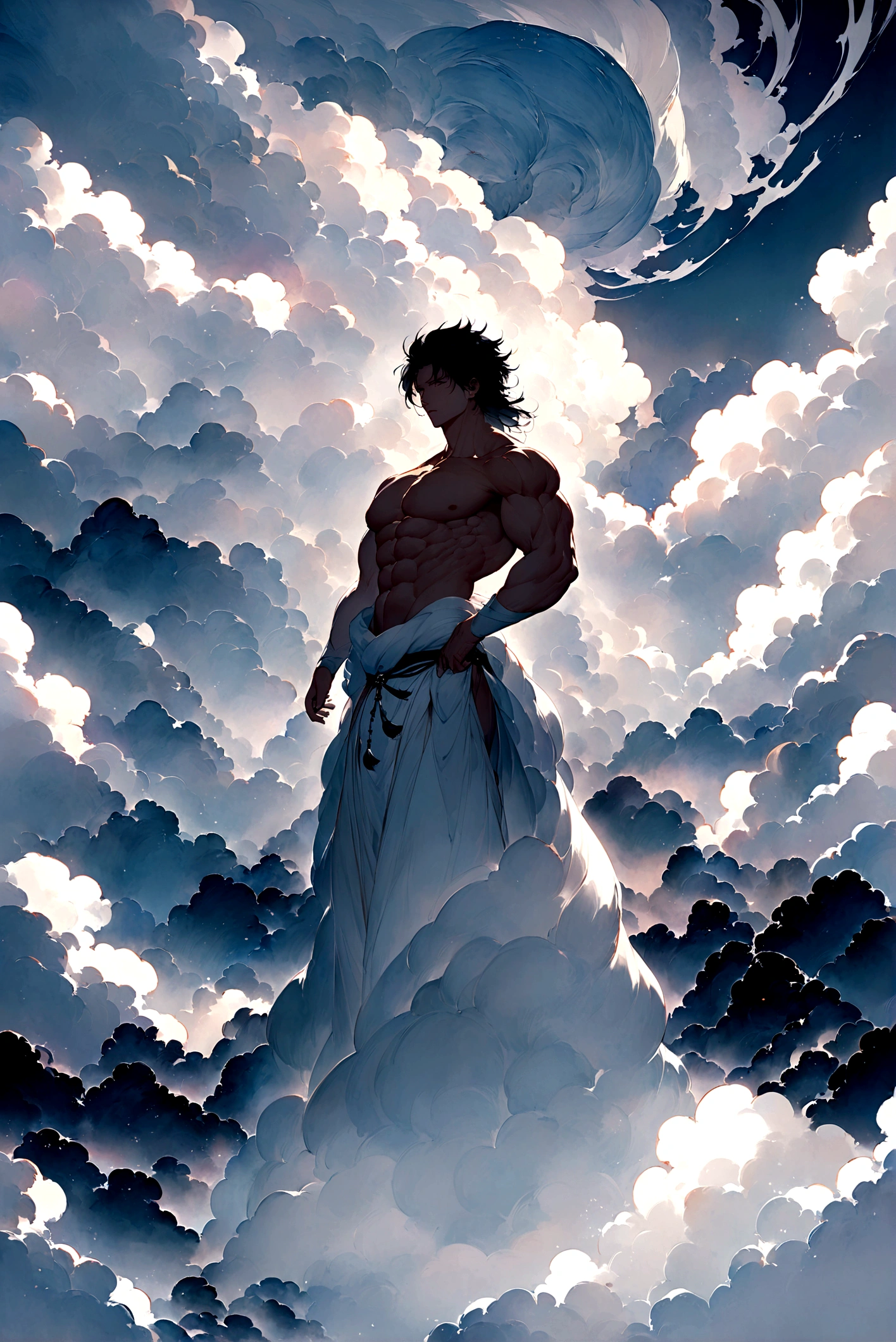 Amidst a surreal cloudscape, a muscular, shirtless man stands with an intense gaze, his chiseled physique partially enveloped by ethereal, billowing white clouds. The contrast between his strong, defined features and the soft, dreamlike mist creates a striking visual, evoking a sense of otherworldly strength and serenity Asian 