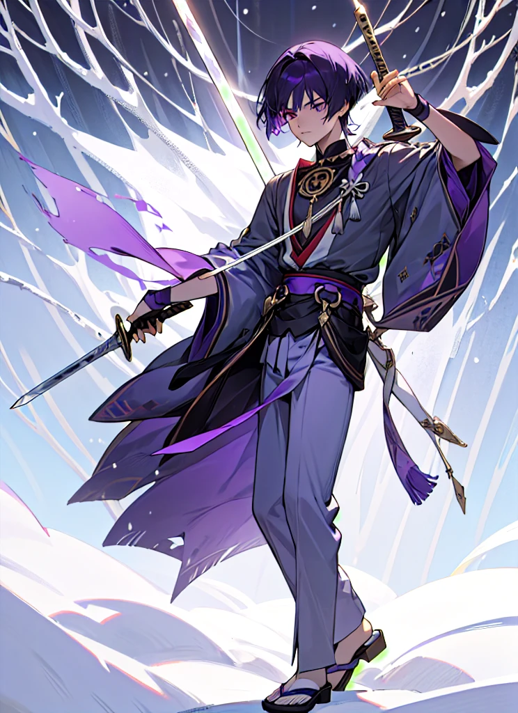 masterpiece, best quality, extremely detailed, 3d face, realistic, lustrous skin, (1boy, solo), Scaramouche, (holding sword), bloody sword, standing, blood on snow, night, snow, purple hair, short hair, male focus,  long sleeves, full body, purple eyes, outdoors, japanese clothes, belt, wide sleeves, necklace, tree, black bow, veil, pom pom,  purple bow, purple shirt, grey pants, white vest, purple belt, veil, white pants, sandals