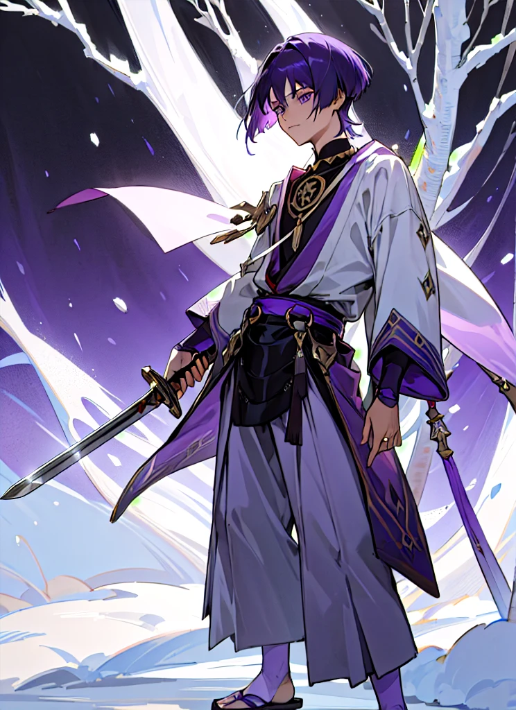 masterpiece, best quality, extremely detailed, 3d face, realistic, lustrous skin, (1boy, solo), Scaramouche, (holding sword), bloody sword, standing, blood on snow, night, snow, purple hair, short hair, male focus,  long sleeves, full body, purple eyes, outdoors, japanese clothes, belt, wide sleeves, necklace, tree, black bow, veil, pom pom,  purple bow, purple shirt, grey pants, white vest, purple belt, veil, white pants, sandals