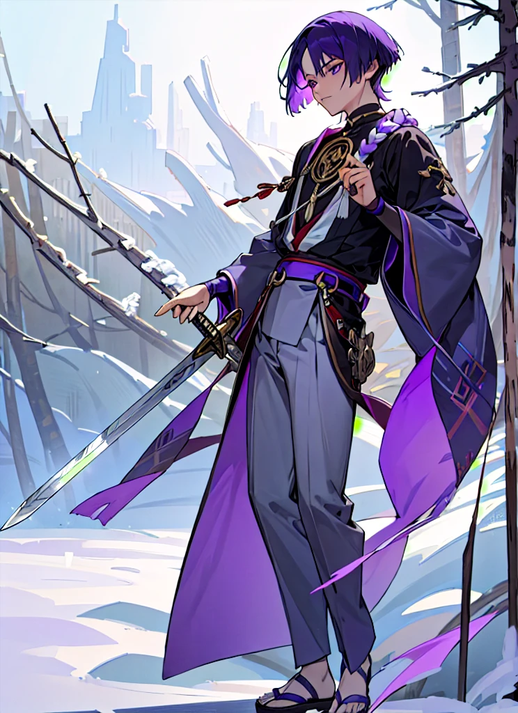 masterpiece, best quality, extremely detailed, 3d face, realistic, lustrous skin, (1boy, solo), Scaramouche, (holding sword), bloody sword, standing, blood on snow, night, snow, purple hair, short hair, male focus,  long sleeves, full body, purple eyes, outdoors, japanese clothes, belt, wide sleeves, necklace, tree, black bow, veil, pom pom,  purple bow, purple shirt, grey pants, white vest, purple belt, veil, white pants, sandals