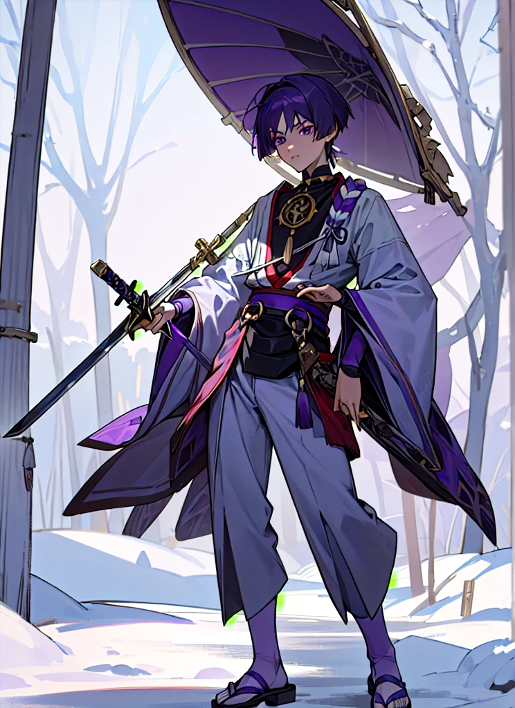 masterpiece, best quality, extremely detailed, 3d face, realistic, lustrous skin, (1boy, solo), Scaramouche, (holding sword), bloody sword, standing, blood on snow, night, snow, purple hair, short hair, male focus,  long sleeves, full body, purple eyes, outdoors, japanese clothes, belt, wide sleeves, necklace, tree, black bow, veil, pom pom,  purple bow, purple shirt, grey pants, white vest, purple belt, veil, white pants, sandals