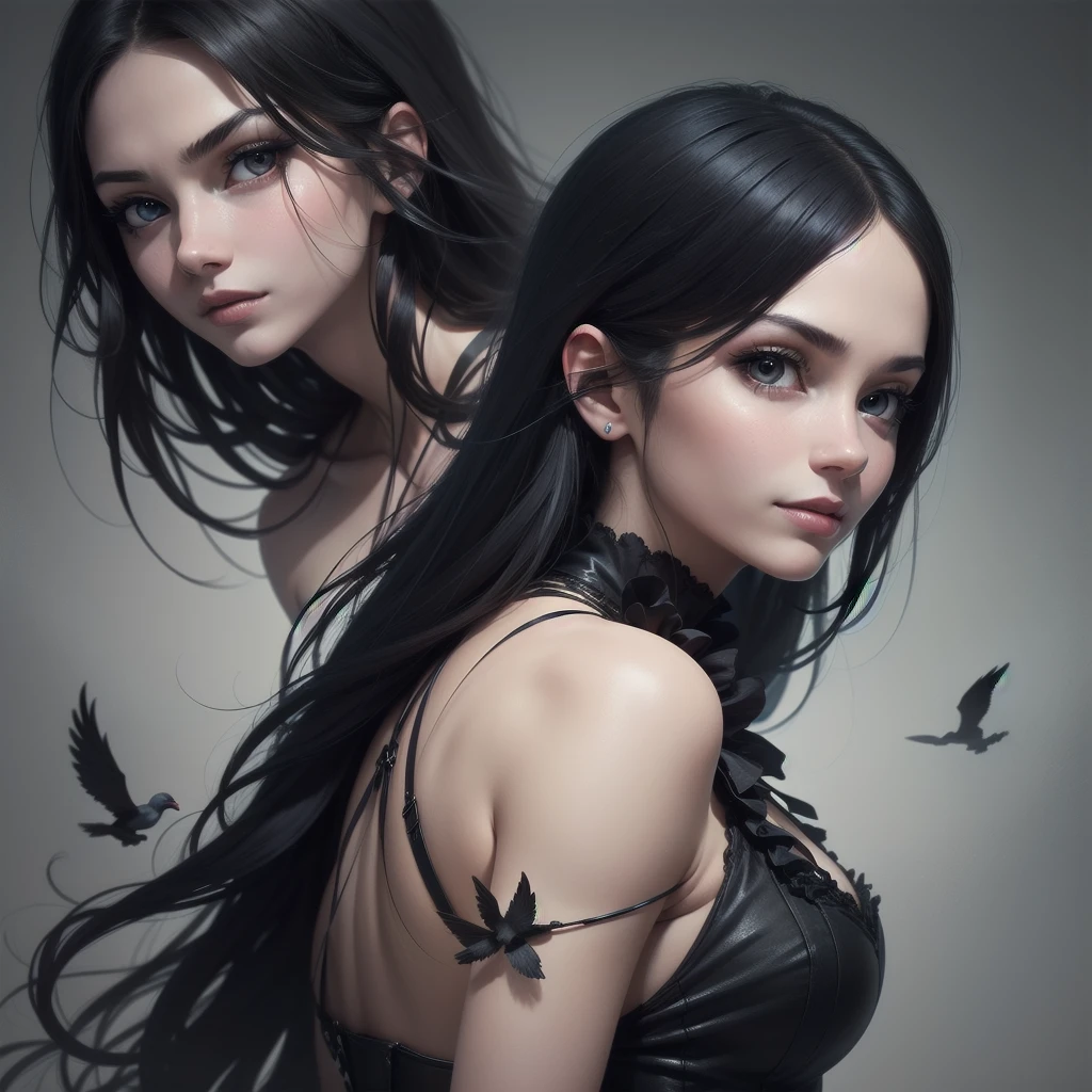 1 Girl, Mysterious look, Sharp Eye, long, flowing black hair, Gothic Costume, enigmatic smile, Pale complexion, Elegant Features BREAK Dramatic High Angle Shot, (Bird&#39;s Eye View:1.2), Symmetrical Configuration, Monochromatic, Deep Shadow, Subtle highlights, Spooky atmosphere, Artistic Details BREAK Ancient Cathedral, Stained Glass Windows, Decorative pillars, Flickering Candle, Ethereal atmosphere, Secret Whispers, Timeless beauty, Absurd, High resolution, Individuality, masterpiece