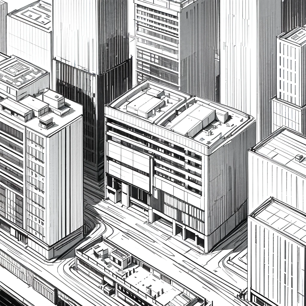 black and white line art of a sprawling urban city block with roads and wide sidewalk, short to medium height buildings, minimal detail, cartoon style, isometric, birdseye view