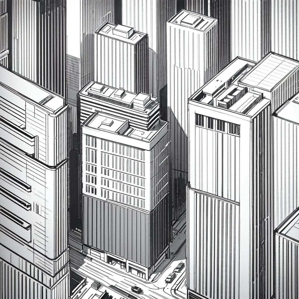 black and white line art of a sprawling urban city block with roads and wide sidewalk, short to medium height buildings, minimal detail, cartoon style, isometric, birdseye view