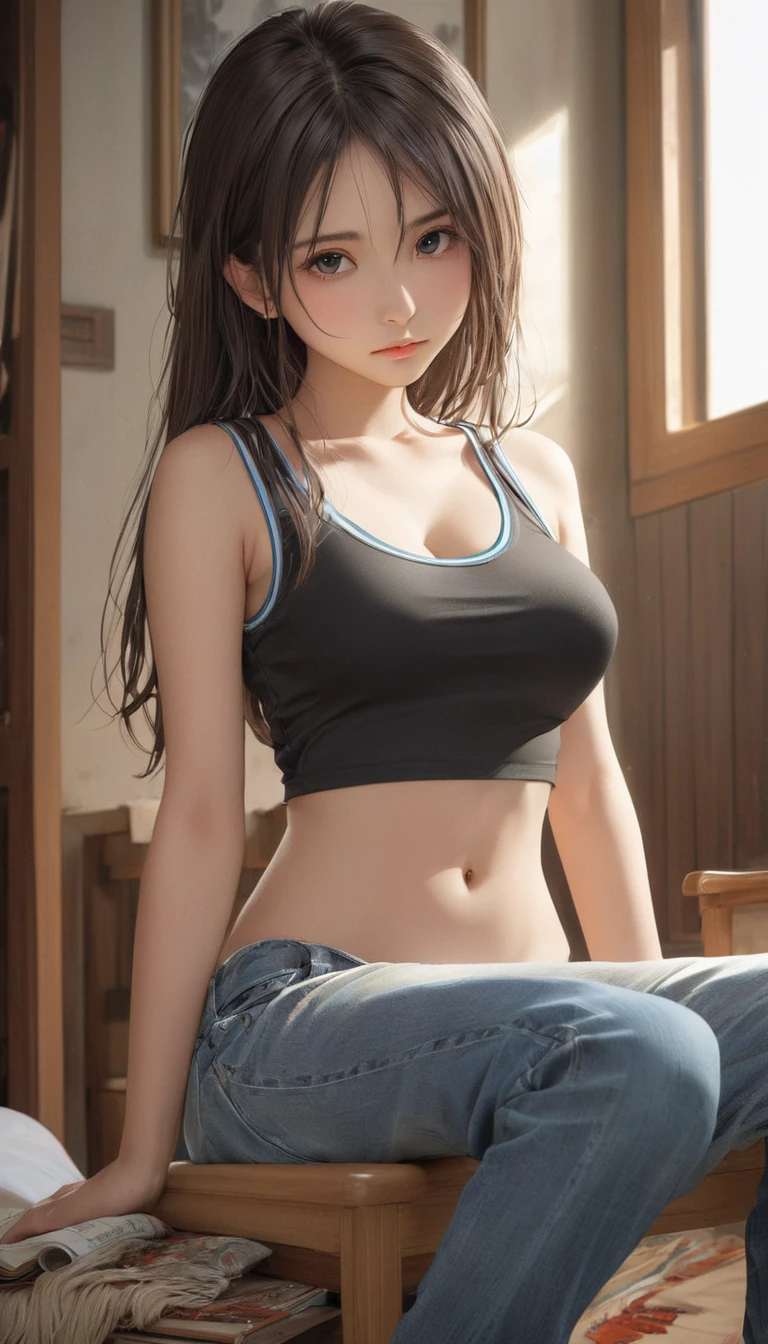 (masterpiece, Highest quality:1.2), One girl, alone,bony body、、(masterpiece, Highest quality:1.2), One girl, alone,bony body、15 years olde , best quality , detailed , (woman face) , (breast hold:1.4) , Tank top, room , indoor