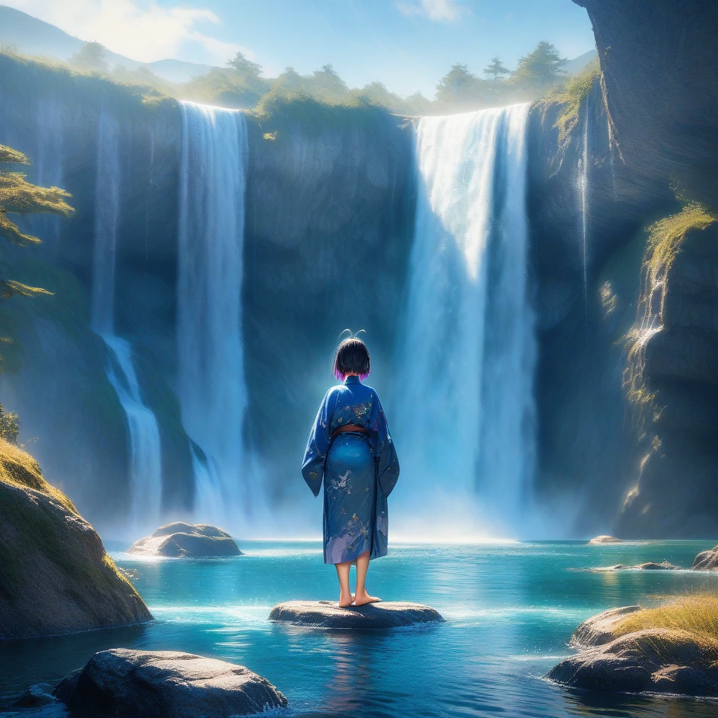 (masterpiece, photo_real, official art, octane-render):1.4, (background the Falls of Nabegataki, Aso, Kumamoto, Japan, blue theme):1.21, (detailed line art, watercolor painting, aesthetic art, light tone):1.3,
(1 cherubic face girl), magnificent view, whole surface waterfall, dynamism, power, (water reflection:1.1), waterfall (splash:1.3), (ripple:0.95), fantastic, gentle breeze, 1 girl, Back view of girl praying on Center of waterfall, from back, smile, (in blue yukata), bare foot, ((perfect foot)), playful, (((girl in waterfall))), ((wet hair)), (detailed green eyes, jet-black hair,colored inner green ombre hair multicolored hair,antenna hair):1.21, nape, (subjective perspective), dense and delicate clothes, ethereal lighting,dim lighting),
