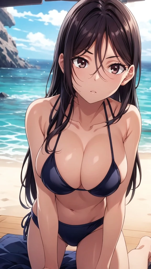 (Best Quality, High resolution,) Solo, house wife, (Dark skin:1.2), (chubby), (medium breasts:1.1), (Semi-long hair), Black hair, BREAK, NSFW, (Naughty :1.3), (((She lifts her white side-tie bikini bottoms, Show off her breasts))), White Side Tie Bikini Bottom, Leaning forward, Cowboy Shot, Beach