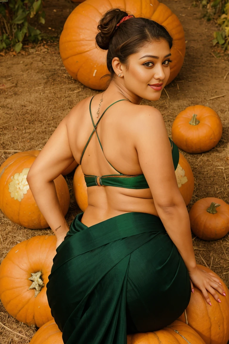 extreme close up photo of back of naked 30 years old naked nayanthara lying on big pumpkins with wide open spread ass anal from top view, hourglass figure, swooping breasts, deep cleavage, curvy, armpits, seductive eyes, ass, look at viewer lusciously, subtle smile, erotic standing having sex with big pumpkins with wide open spread legs, green vintage Saree, red lips, sultry, ponytail, 4K, HD