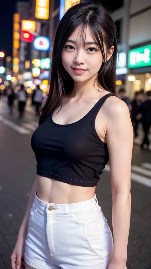 1 Girl, Tokyo Street,night, Streetscape,City lights,Upper Body, Tank top,smile,, (8K, Raw photo, highest quality, masterpiece:1.2),(Realistic, photo-Realistic:1.37),